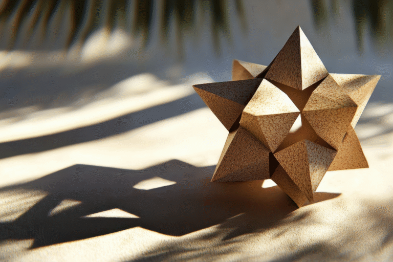 Polyèdre étoilé géométrique sur le sable, symbolisant l'analyse complexe et l'excellence des avis Inter Invest Loi Girardin