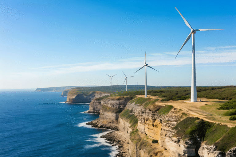 Éoliennes sur des falaises côtières en Outre-mer, symbolisant les investissements industriels concrets financés par la Loi Girardin."
