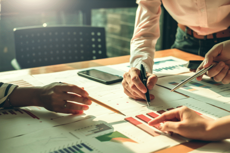 Des mains pointant des graphiques financiers et documents d'investissement pour une analyse de synthèse de l'offre Girardin industrel avec Interinvest