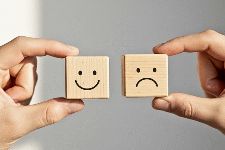 Mains tenant des cubes en bois avec un visage souriant et un visage triste, symbolisant les avis positifs et les points d'amélioration des investisseurs Girardin Inter Invest.