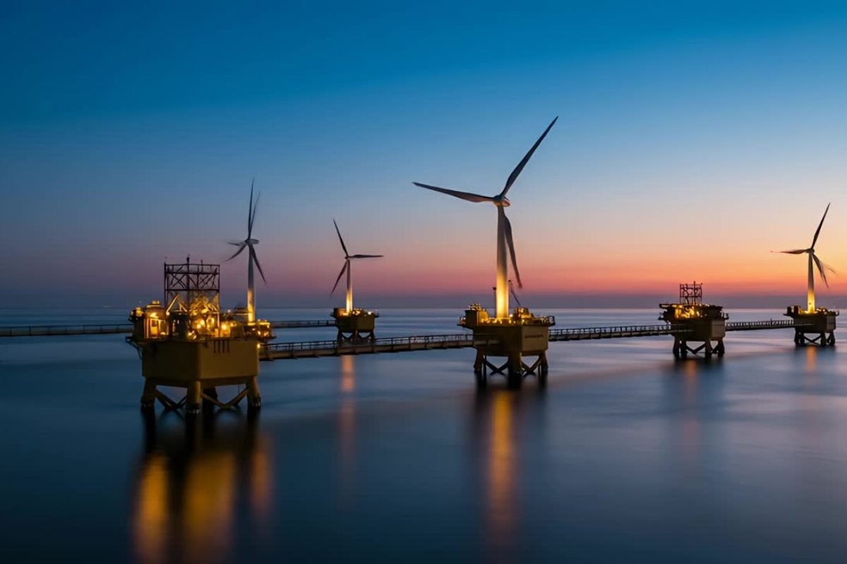 Éoliennes en mer au crépuscule
